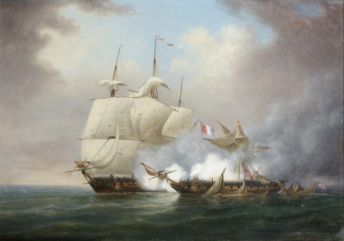 HMWarships's tweet image. The First Sea Fight of the Revolutionary Wars: The Battle between Citoyenne Française and HMS Iris on 13 May 1793, by Thomas Luny
HMS Iris was a 32-gun fifth-rate frigate of 688 tons (BM), launched in 1783 on the Thames River. On 13 May 1793, during the opening stages of the war…