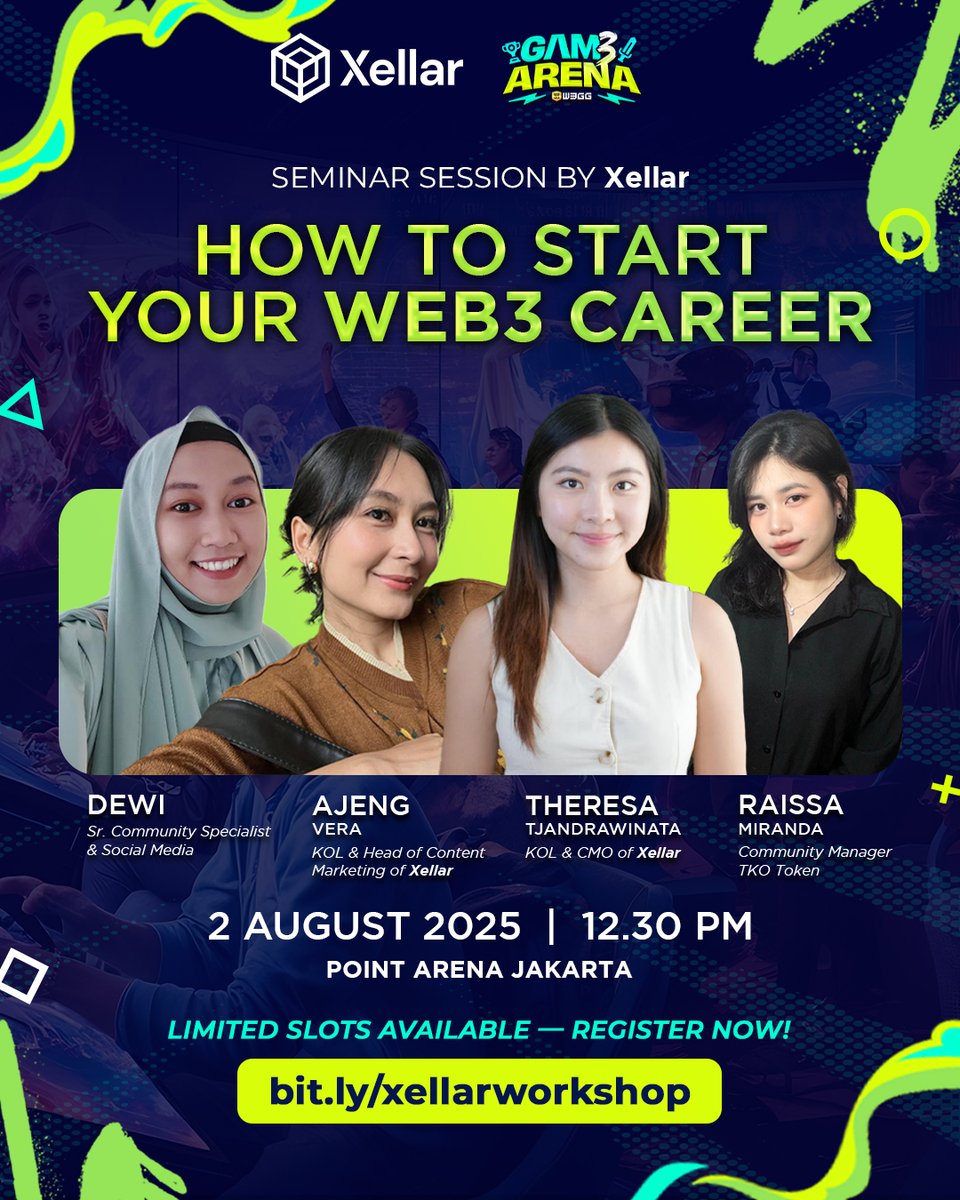 w3ggofficial's tweet image. 💻 So you wanna break into Web3 but don’t know where to start?
Pull up to the @XellarWorld Workshop at W3GG Gam3 Arena — they’re covering everything from A to Z on how to kickstart your Web3 career 🚀
👨🏫 Learn from real builders
🆓 Free reg (limited slots only)
📜 Certificate…