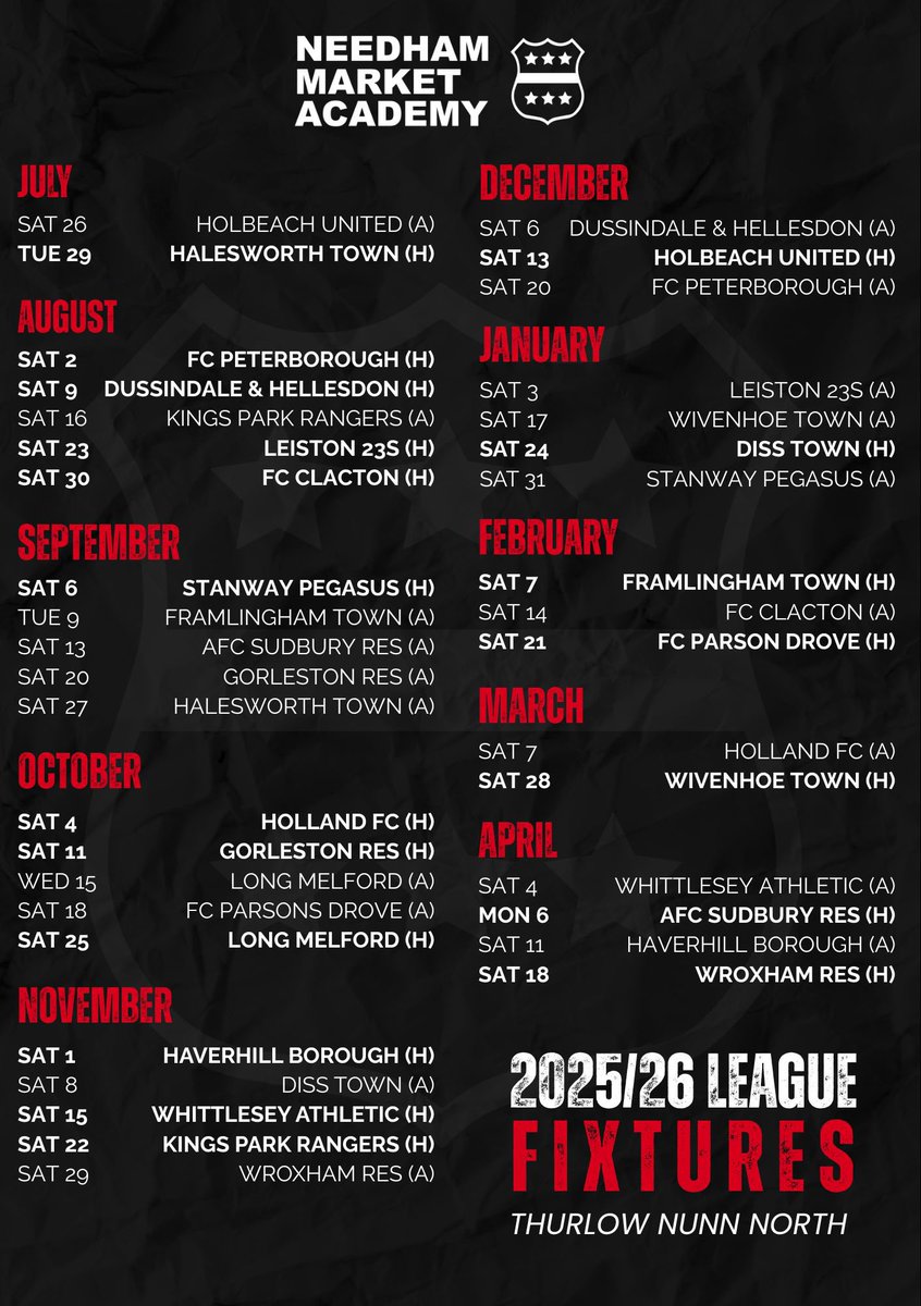 NMAcademy1's tweet image. 25/26 Thurlow Nunn North

Fixtures below ⬇️