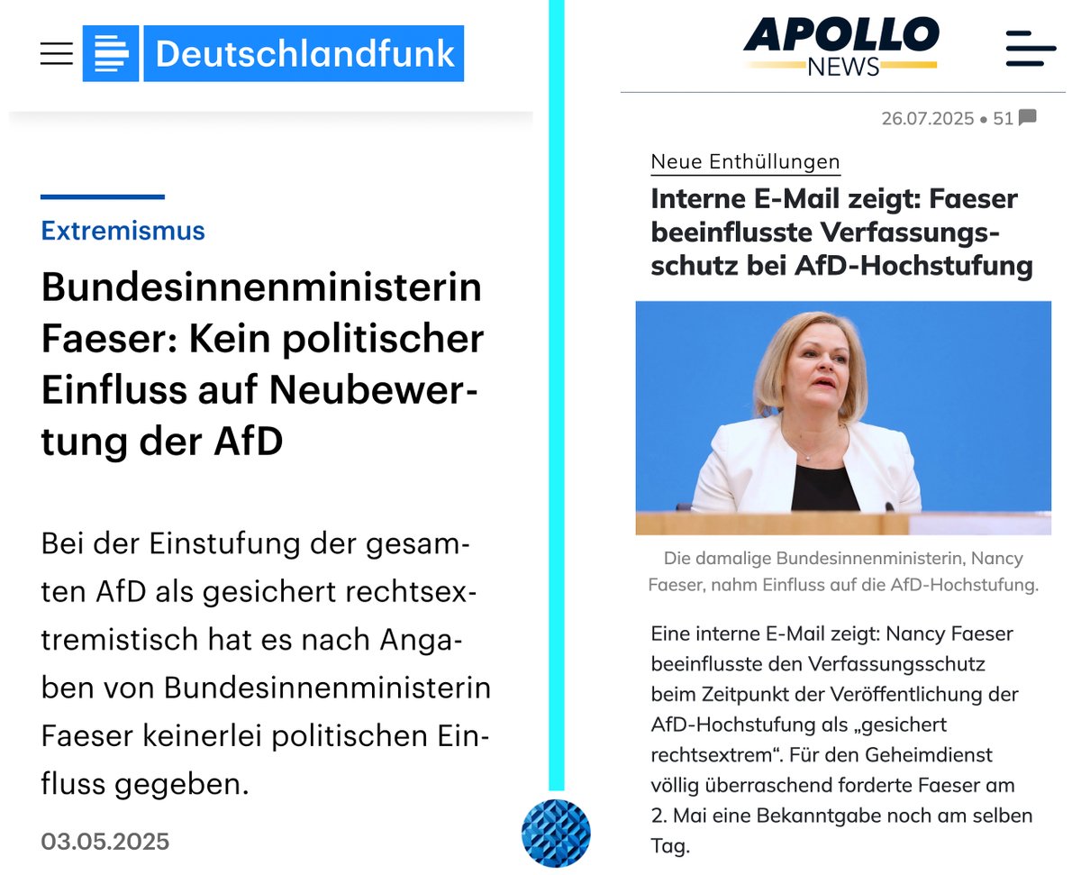 hori_____zont's tweet image. 03.05.2025:
„Bundesinnenministerin Faeser: Kein politischer Einfluss auf Neubewertung der AfD“

26.07.2025:
„Interne E-Mail zeigt: Faeser beeinflusste Verfassungsschutz bei AfD-Hochstufung“