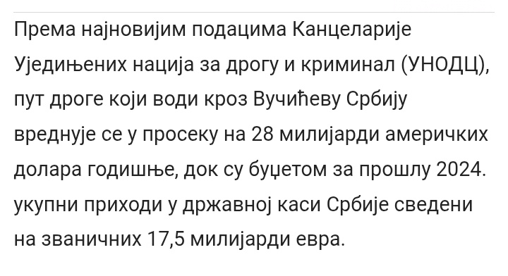 SrpskiInfoStab's tweet image. Канцеларија УН за нарко криминал:
ВРЕДНОСТ ДРОГЕ КРОЗ СРБИЈУ 28 МИЛИЈАРДИ
ДОЛАРА ГОДИШЊЕ
Европски центар за праћење дроге:
ТРЖИШТЕ КОКАИНА У СРБИЈИ ВРЕДНО ПОЛА МИЛИЈАРДЕ $
(Магазин Таблоид)
