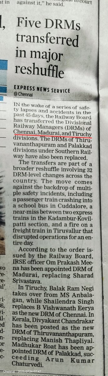 dayatiger197312's tweet image. Major reshuffle of DRMs
Chennai, Tiruchirapalli, Madurai
