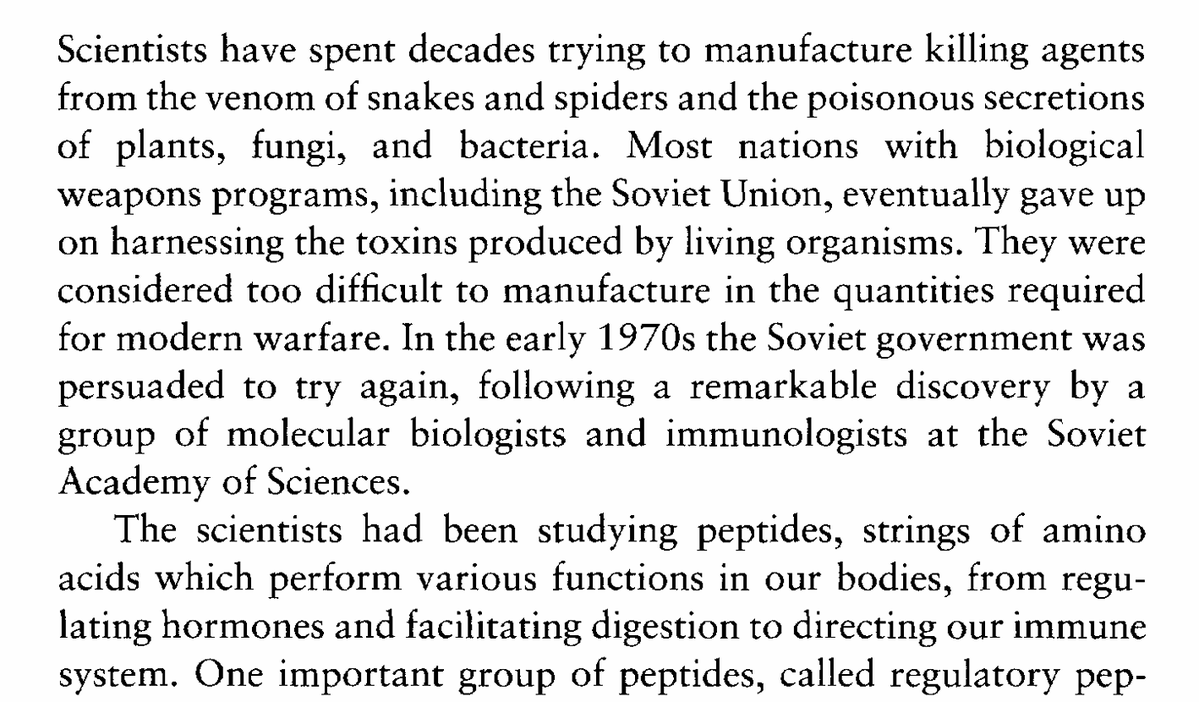 Ken Alibek (deputy head of the USSR bioweapons program) described the interest of bioweapon designers in natural toxins, often very short proteins (peptides).

The difficulties in manufacturing /disseminating them can be overcome by having a virus instruct your cells to produce.