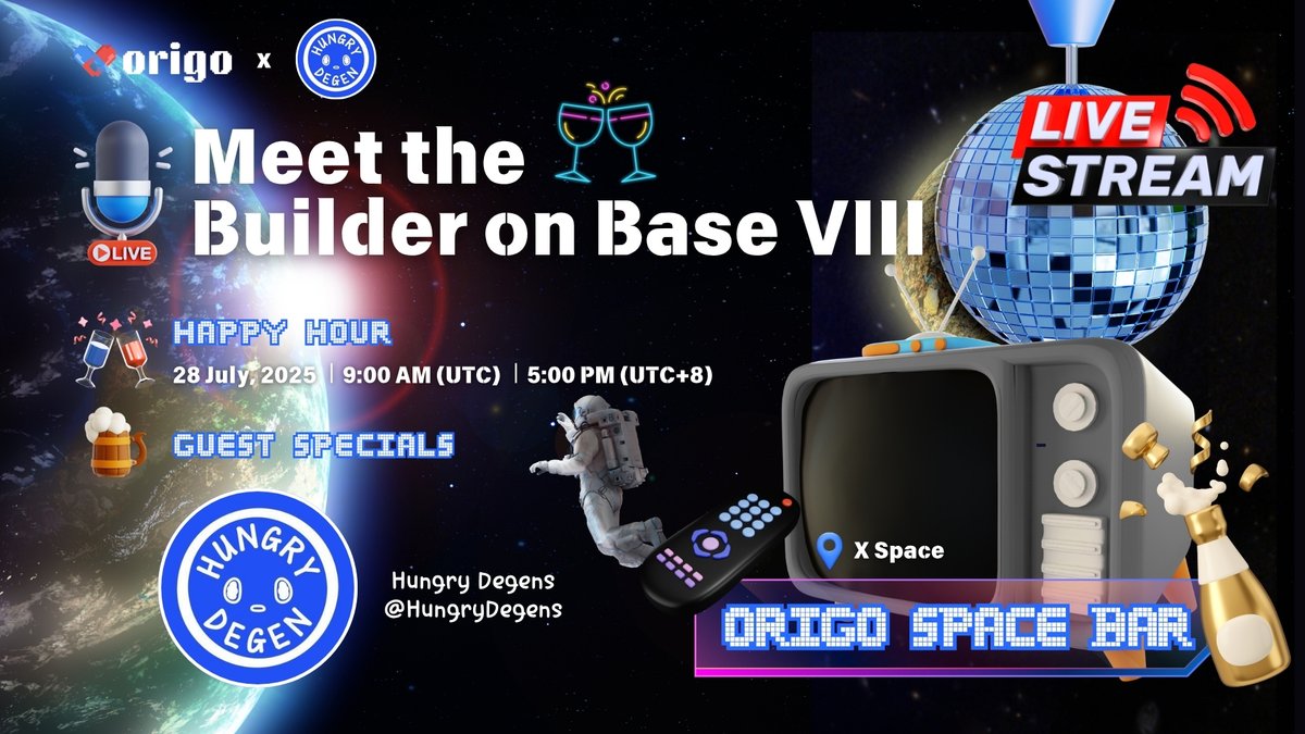 OrigodotFun's tweet image. 🪩 Welcome to the #OrigoSpaceBar 🪩
Take a sip, question everything 🧪
💿 Title: Meet the Builder on @base VIII
🥃 Happy Hour: 28 July, 9:00 AM UTC
🛋️ Lounge:
Guest Specials:
🍷 @HungryDegens
No PhD required - BUIDLers of all kinds, this is your space…