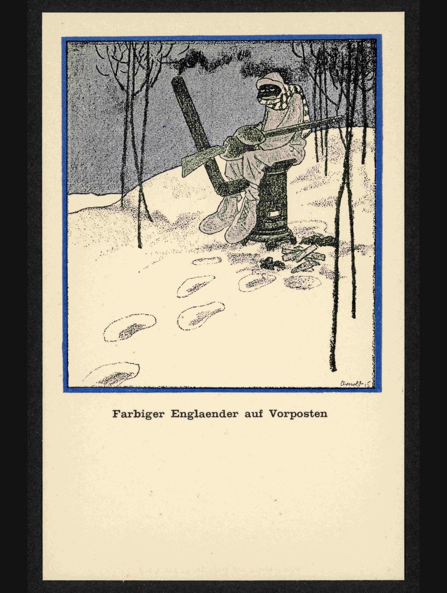 "Farbiger Englaender auf Vorposten". Eine Postkarte von Karl Arnold, verlegt von der Liller Kriegszeitung, 1915.