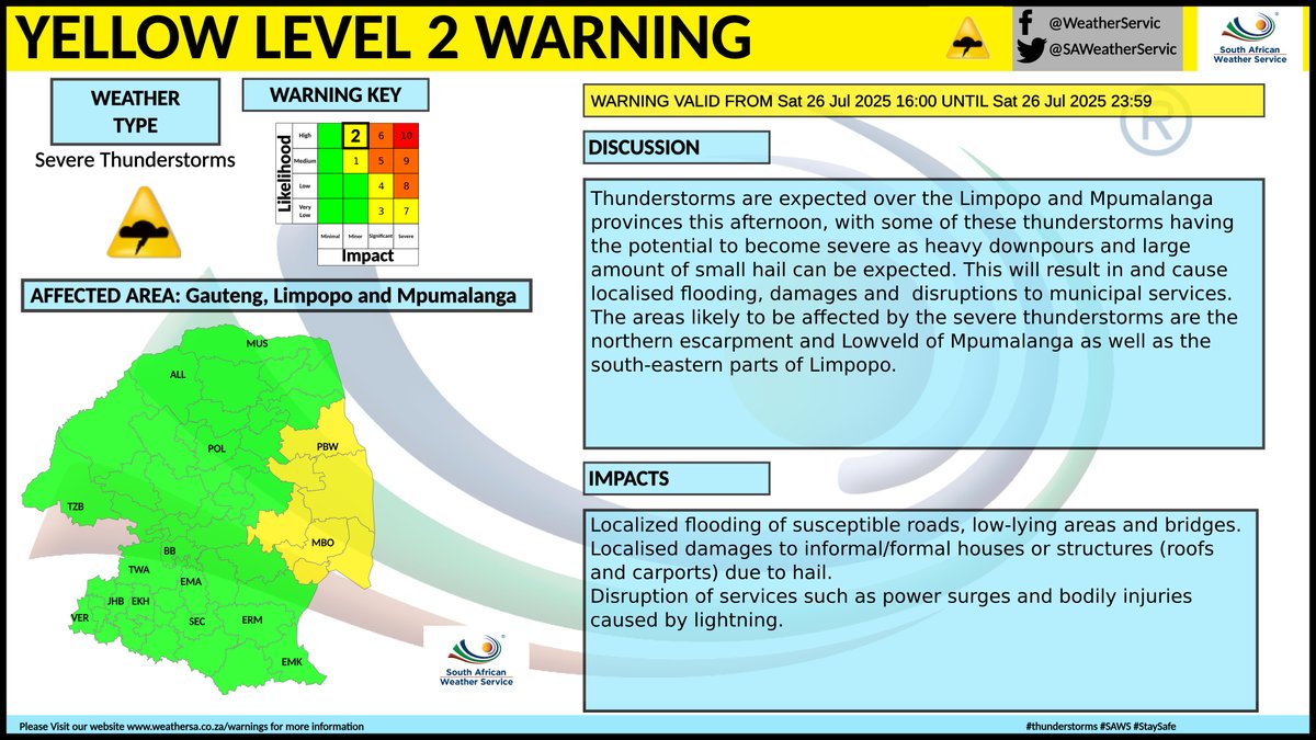 SAWeatherServic's tweet image. Yellow level 2 warning: Severe thunderstorms
Affected area: Limpopo & Mpumalanga
Validity period: 26 July 2025, 16:00 until 23:59 SAST
#saws #weatheroutlook #southafricanweather
