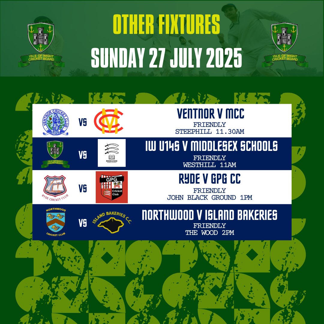 It's the final weekend of fixtures this July!

Plenty of action today, before Ventnor host the MCC tomorrow and the IW U14s face Middlesex Schools!