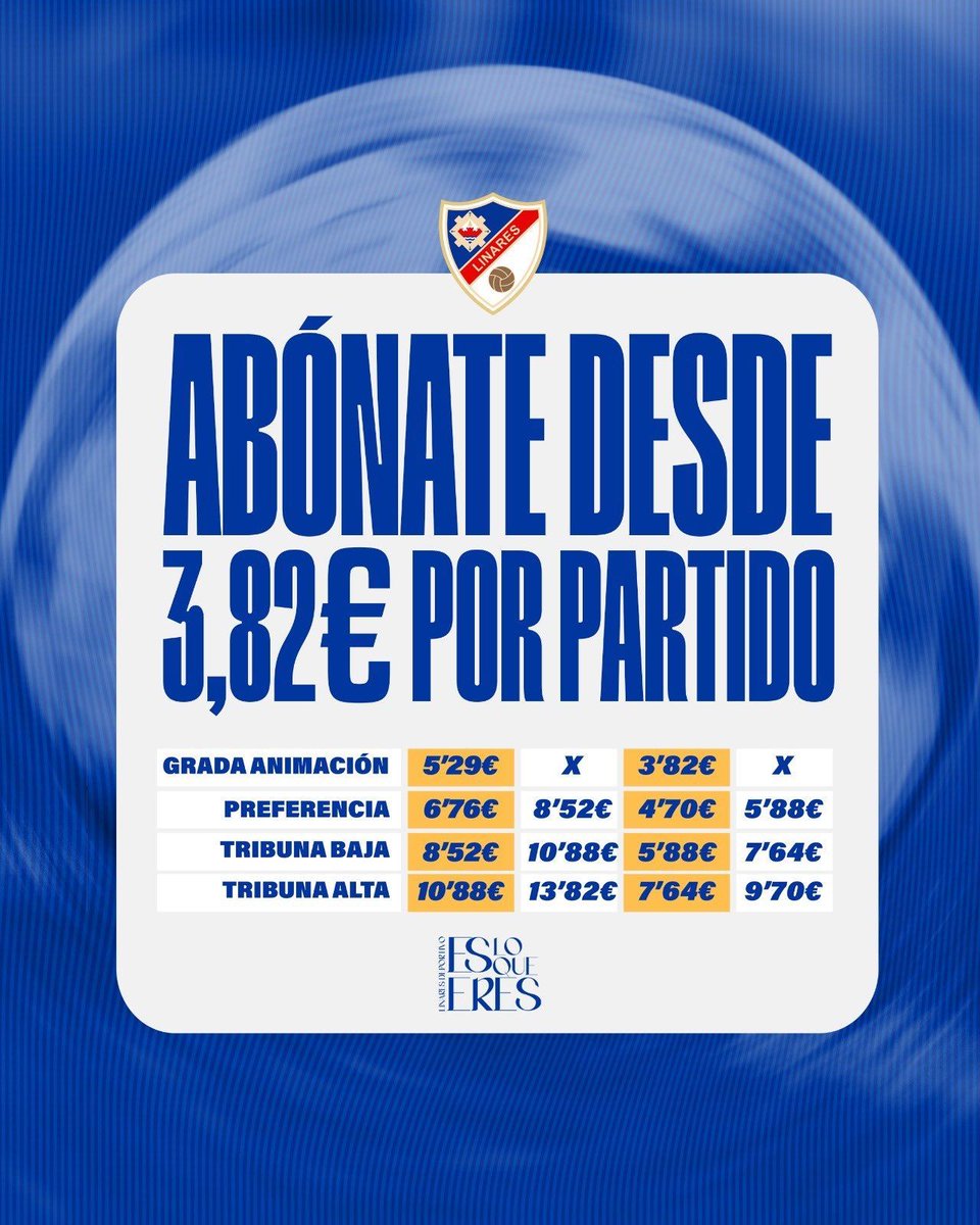 ¡Buenos días, azulillos! 👋

¡Hasta el próximo jueves ➡️ 𝟑𝟏 𝐝𝐞 𝐉𝐔𝐋𝐈𝐎, puedes renovar tu abono del #LinaresDeportivo! 🔵

🎟️ Abónate en nuestra 𝐎𝐅𝐈𝐂𝐈𝐍𝐀 de Corredera de San Marcos, 46. 

¡Vamoooooos! 😬

#EsLoQueEres 💙