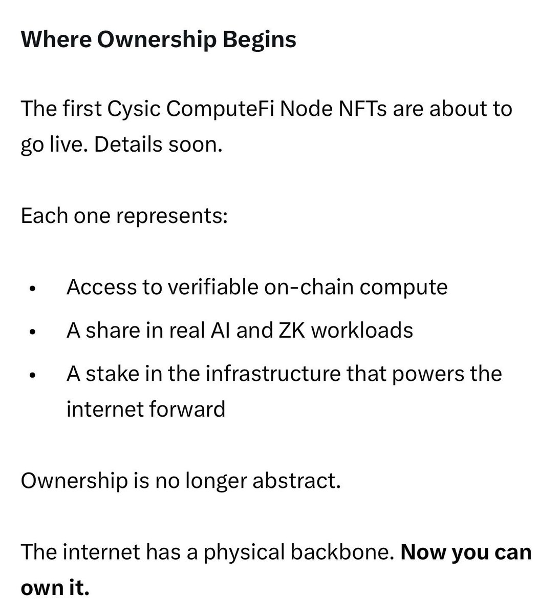 ericiles1's tweet image. gmSor fellow Cysors!
@cysic_xyz dropped the utility for their coming NFT. See the attached photo.
How to get in. Top 500 on the lb get whitelisted for the NFT.
Small account like myself still have a lot to do.
Also remember, the 0.6% is still on the table.
Peace out!