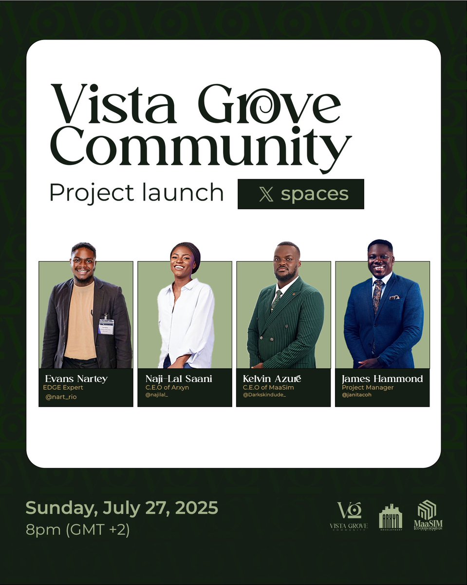 ArXyndev's tweet image. This Sunday, we officially launch the Vista Grove Project!
Kindly Set a reminder for the space, you don’t want to miss this!!!
Space link: