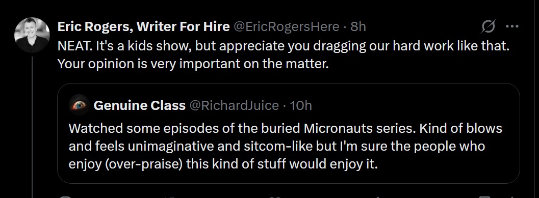 RichardJuice's tweet image. When you can write TV but can't handle one asshole (me) on the internet not liking your work.