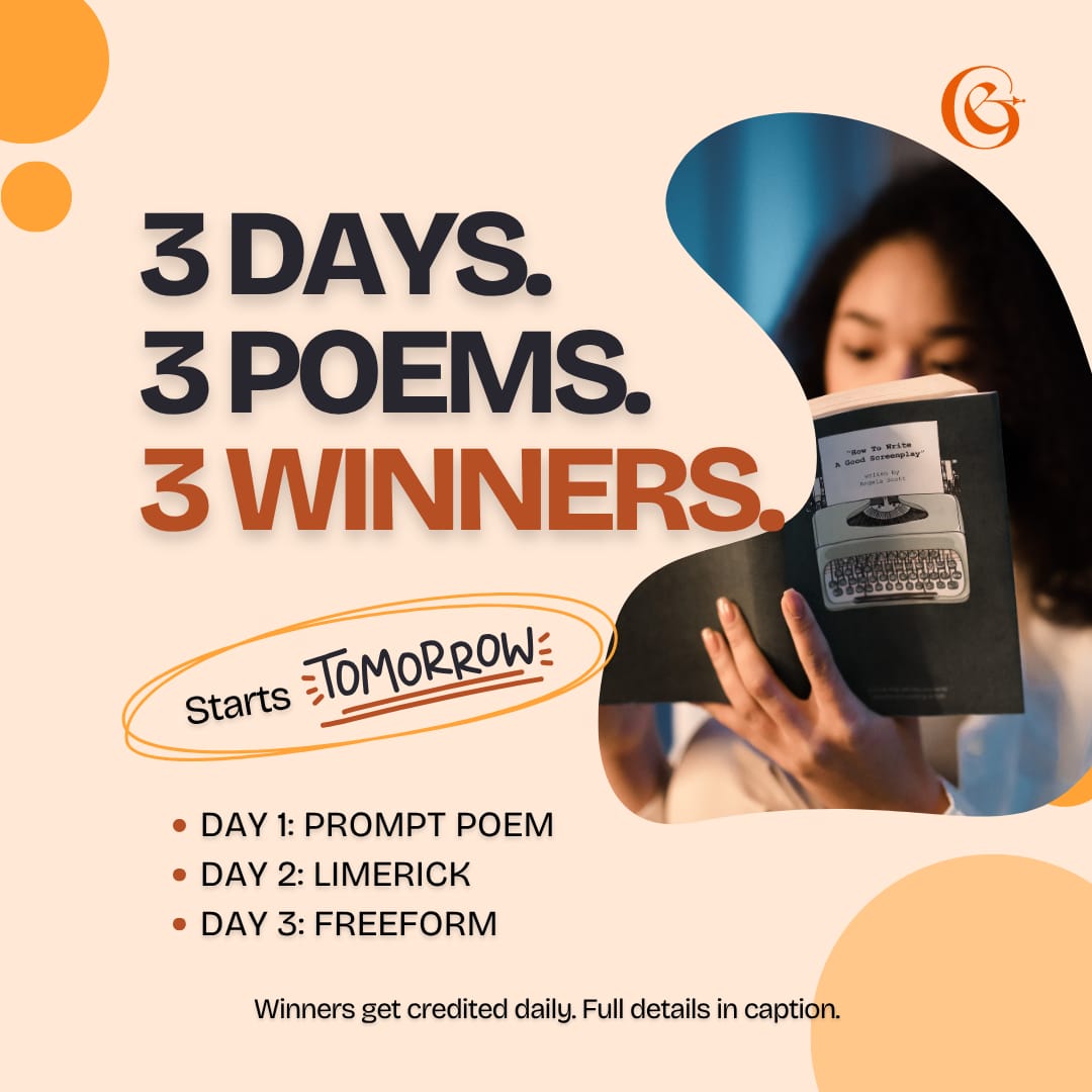 GwenevierJones (@gwenevierjones) on Twitter photo Up to 20k for grabs?!
It’s Official: The Poetry Challenge Begins Tomorrow!
3 Days. 3 Prompts. 3 Winners.
Date: July 27th to 29th
Prize: Daily cash reward for the top poem!
How to Join:
✅ Follow <a href="/GwenevierJones/">GwenevierJones</a>
✅ Check the page each morning (July 27th to 29th)
✅ Drop your Up to 20k for grabs?!
It’s Official: The Poetry Challenge Begins Tomorrow!
3 Days. 3 Prompts. 3 Winners.
Date: July 27th to 29th
Prize: Daily cash reward for the top poem!
How to Join:
✅ Follow <a href="/GwenevierJones/">GwenevierJones</a>
✅ Check the page each morning (July 27th to 29th)
✅ Drop your
