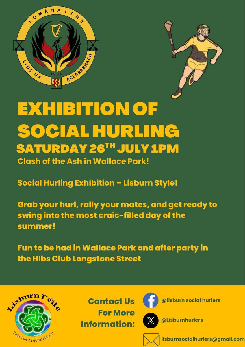 lisburnfeile's tweet image. 🏑 Exhibition of Social Hurling - @LisburnHurlers
🗓️ Sat 26th July (TODAY)
⌚️ 1pm
📍 Wallace Park
Clash of the Ash at Wallace Park‼️
Grab your hurl, rally your mates, and get ready to swing into the most craic filled day of the summer!
After party in the The Hibs Club