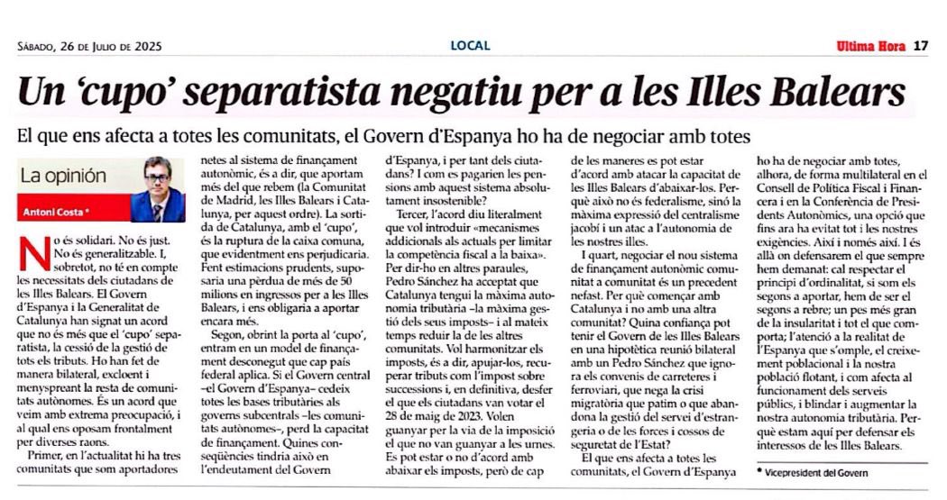 ❌ No permetrem que el “pacte separatista” de Sánchez amb Catalunya enfonsi les Balears. És injust i insolidari. El PSOE romp el principi d’igualtat entre comunitats.

✍🏻 <a href="/a_costacosta/">Toni Costa</a> a <a href="/UHmallorca/">Ultima Hora Mallorca</a> : “No és solidari. No és just. No és generalitzable. I, sobre tot, no té en