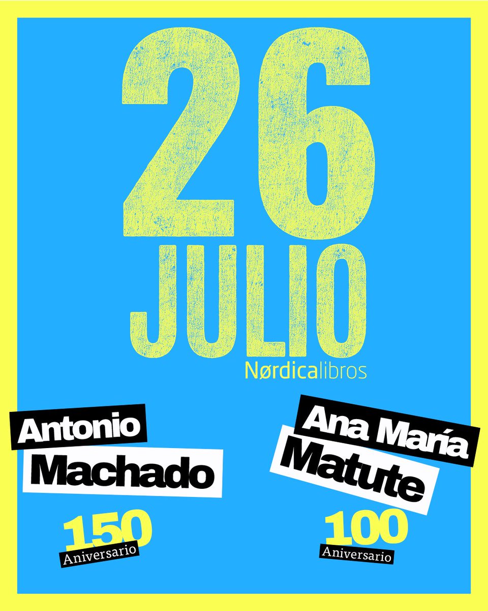 Nórdica Libros (@nordica_libros) on Twitter photo Hoy se conmemora el centenario del nacimiento de Ana María Matute y el 150 aniversario del nacimiento de Antonio Machado. Os queremos proponer «Yo voy soñando caminos» y «El río».
Y no os perdáis las bolsas de tela.
#AntonioMachado 
#anamariamatute 
#TalDiaComoHoy Hoy se conmemora el centenario del nacimiento de Ana María Matute y el 150 aniversario del nacimiento de Antonio Machado. Os queremos proponer «Yo voy soñando caminos» y «El río».
Y no os perdáis las bolsas de tela.
#AntonioMachado 
#anamariamatute 
#TalDiaComoHoy