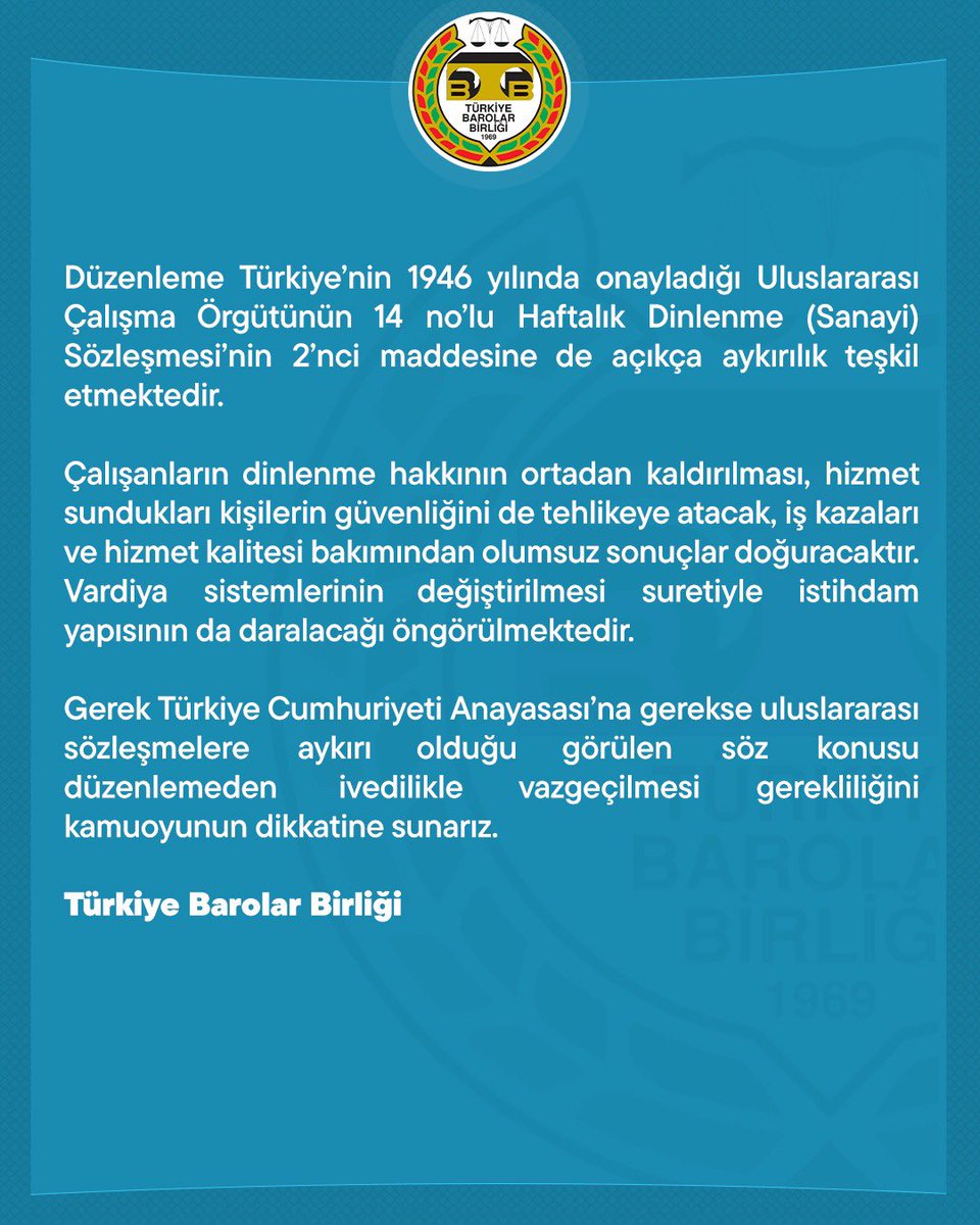 Turizm Emekçilerinin Hafta Tatili Hakkına Getirilen İstisna Hukuka Aykırıdır

👉 barobirlik.org.tr/Haberler/85828
