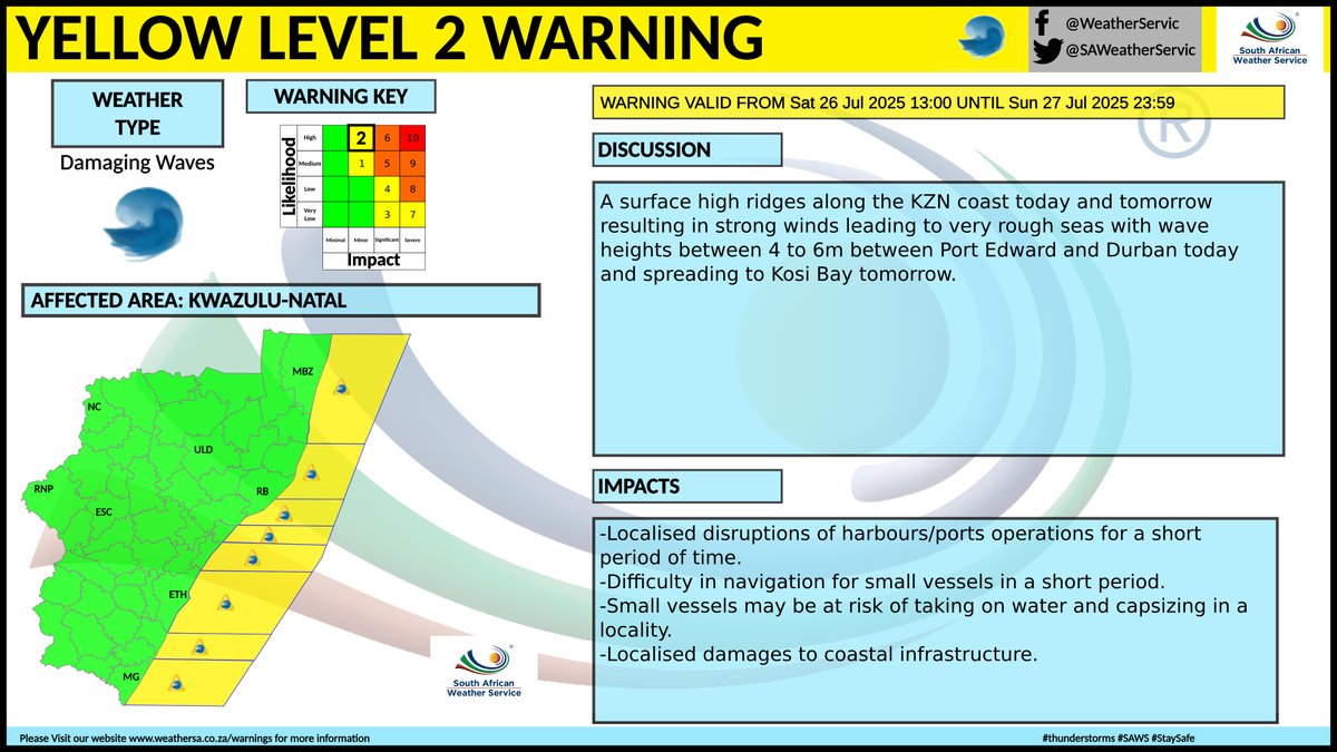 SAWeatherServic's tweet image. Yellow level 2 warning: Damaging waves
Affected area: KwaZulu-Natal
Validity period: 26-27 July 2025, 13:00 until 23:59 SAST
#saws #weatheroutlook #southafricanweather