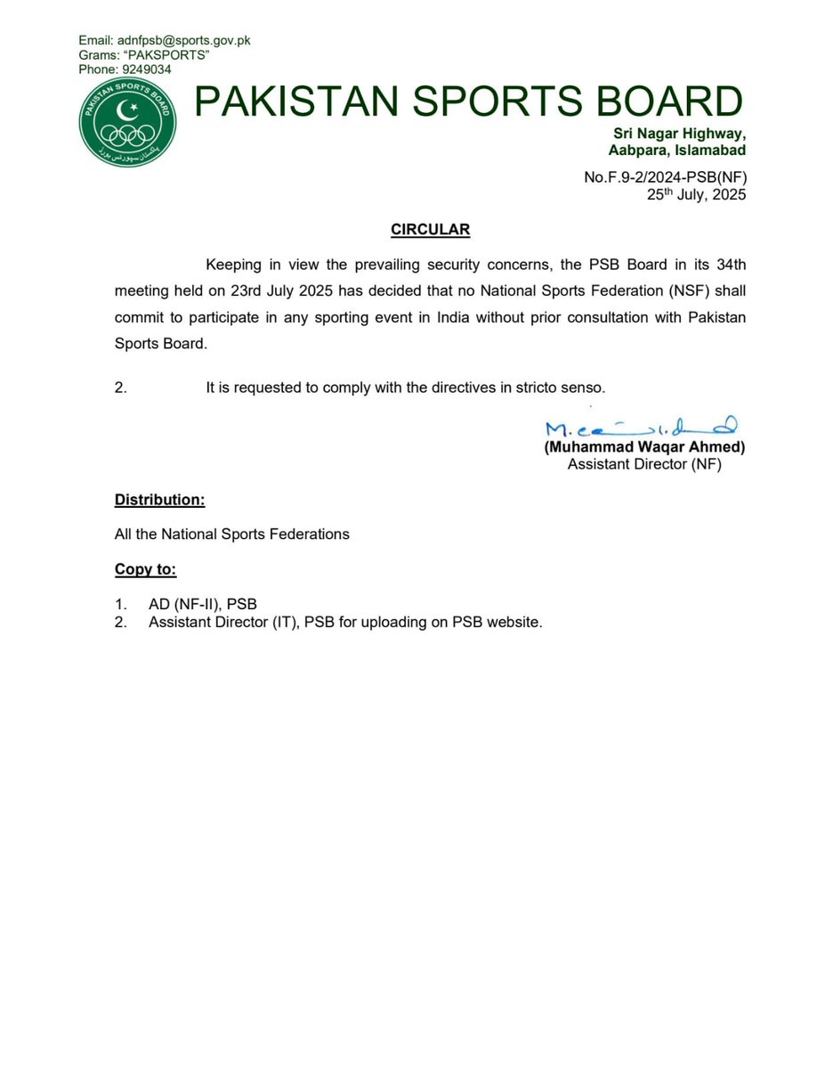 imransiddique89's tweet image. Due to security concerns, the Pakistan Sports Board has advised national sports federations to consult with the board before confirming participation in any events in India 🇮🇳
