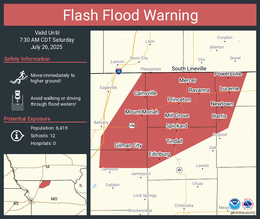 NWSFlashFlood's tweet image. Flash Flood Warning including Princeton MO, Gilman City MO and Mercer MO until 7:30 AM CDT