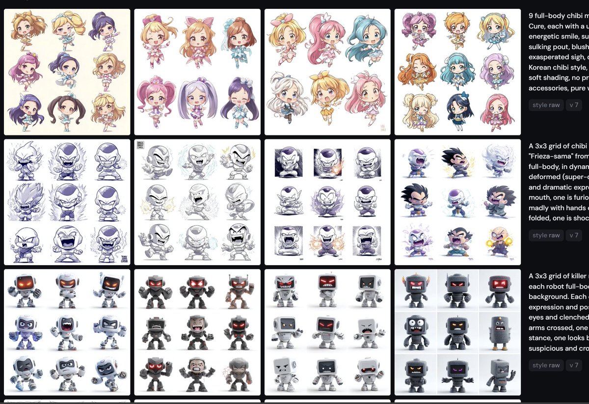 Naoki_GPT's tweet image. LINEスタンププロンプト生成くんGPTとMidjourneyの威力がヤバすぎて完全に量産体制が整った
これを9分割して
Canvaに入れて
文字一括作成して
終わりやな。夏休みまでに1日1スタンプ作るか。