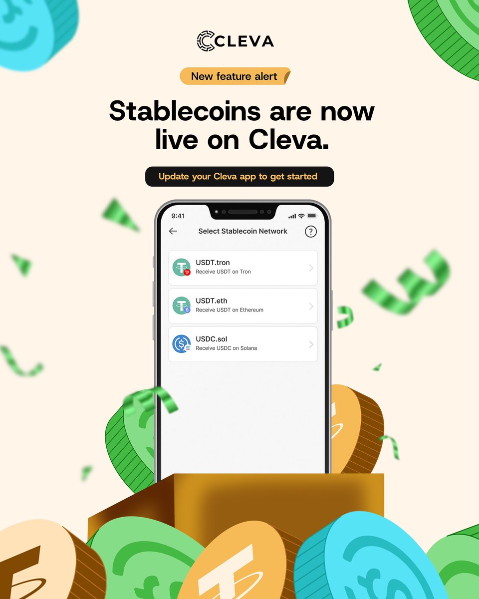 clevabanking's tweet image. You asked for more ways to get paid and we delivered.🥳
Stablecoins (USDT/USDC) are now live on Cleva!💃🏾
Receive payments in minutes, anytime, any day.
Update your app to enjoy this new feature.
#cleva #newfeature #stablecoins