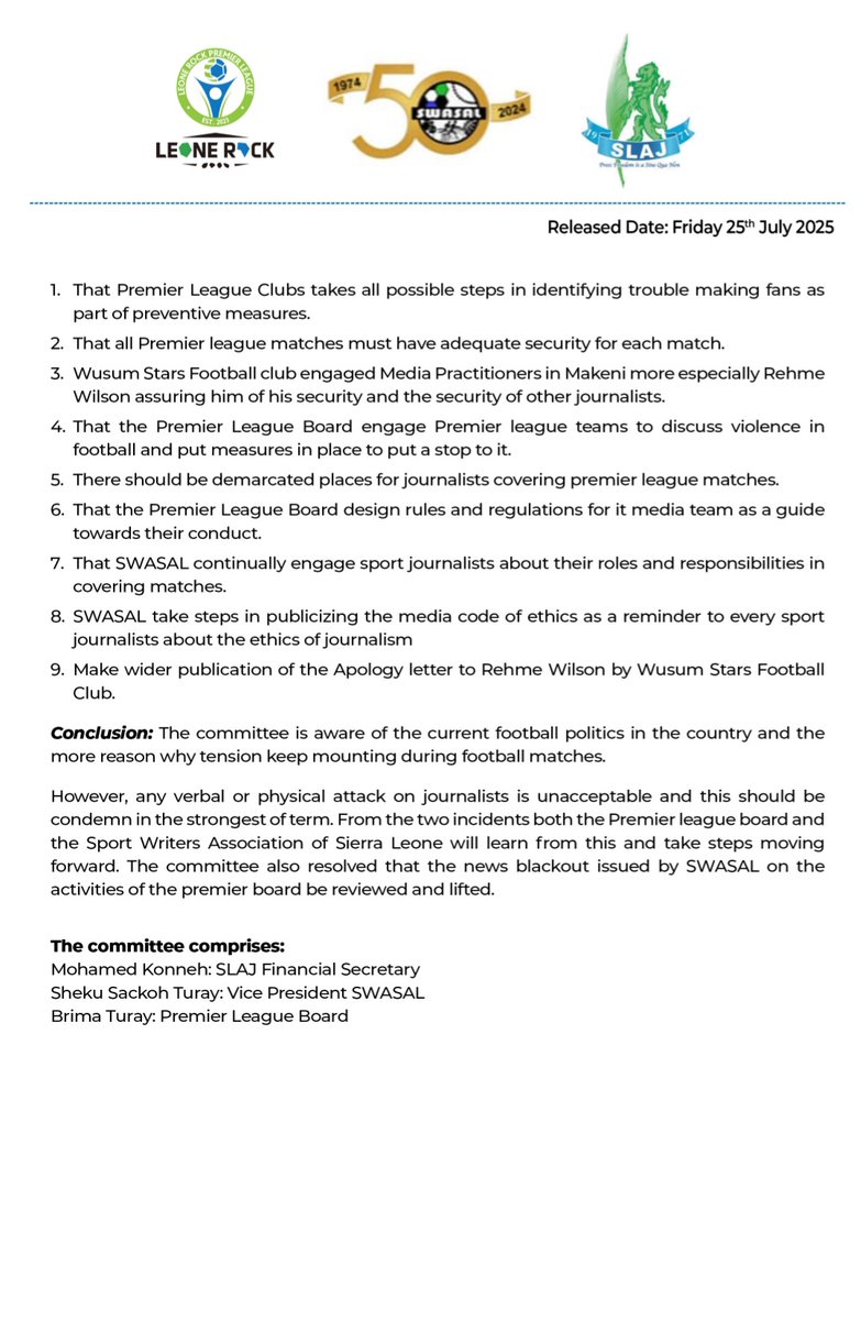 Sports Writers Association of Sierra Leone (@swasal_sl) on Twitter photo We <a href="/SWASAL_SL/">Sports Writers Association of Sierra Leone</a> are pleased to announce the lifting our media blackout on the <a href="/slplboard/">SL Premier League Board</a> following constructive dialogue & a comprehensive committee report.
We extend our gratitude to <a href="/SLAJ_Salone/">SLAJ Salone</a>,& the <a href="/slplboard/">SL Premier League Board</a> for the collaborative efforts in addressing this matter.
<a href="/AIPSmedia/">AIPS MEDIA</a> We <a href="/SWASAL_SL/">Sports Writers Association of Sierra Leone</a> are pleased to announce the lifting our media blackout on the <a href="/slplboard/">SL Premier League Board</a> following constructive dialogue & a comprehensive committee report.
We extend our gratitude to <a href="/SLAJ_Salone/">SLAJ Salone</a>,& the <a href="/slplboard/">SL Premier League Board</a> for the collaborative efforts in addressing this matter.
<a href="/AIPSmedia/">AIPS MEDIA</a>