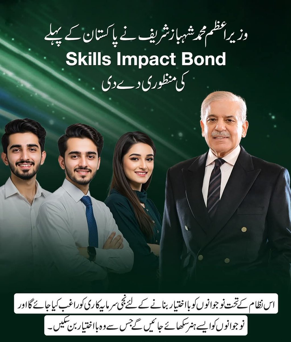 وزیراعظم نے پاکستان کے پہلے Skills Impact Bond کی منظوری دے دی، یہ جدید ماڈل نوجوانوں کو روزگار کے قابل بنانے کیلئے نجی سرمایہ کاری کو راغب کرے گا۔

اس نظام کے تحت نوجوانوں کو ایسے ہنر سکھائے جائیں گے جس سے پاکستان کے نوجوان با اختیار اور ملکی اقتصادی ترقی میں اپنا اہم کردار ادا