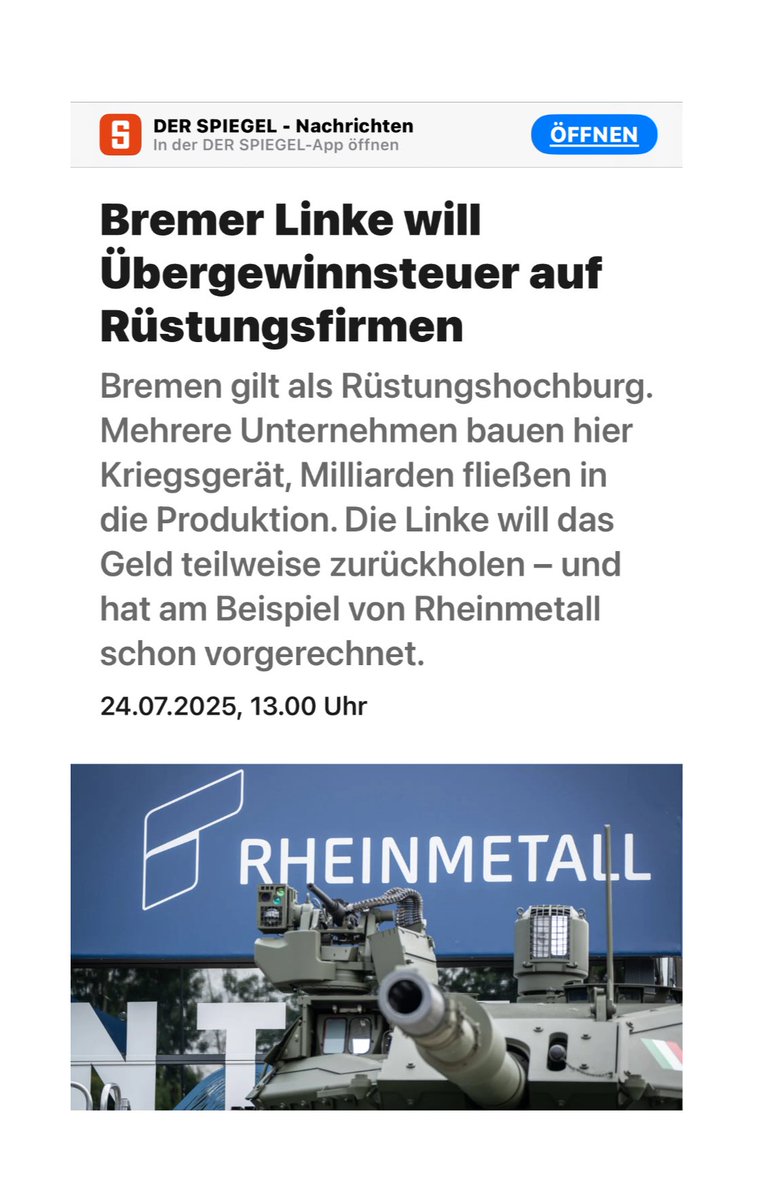 Übergewinnsteuer auf Rüstungsfirmen? Abgesehen davon, dass diese Forderung Null Chance besitzt: Sie zäumt das Pferd von hinten auf. 

Zu hohe Gewinne bedeuten bei Rüstungsfirmen: der staatliche Auftraggeber hat die Preise schlecht verhandelt. Die Bürger:innen  haben aber ein