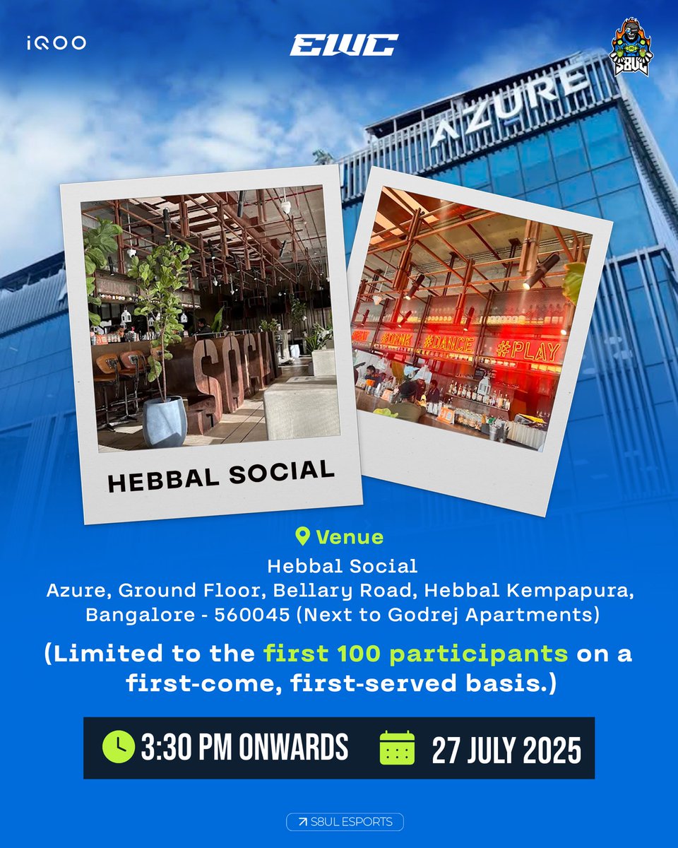 S8ulesports's tweet image. Bengaluru, meet your Watch Party squad! 🔥
Get ready — Aman, PitajiPlayz, and Rebel are coming through to take the hype to the next level!

📍 Venue:
Hebbal Social, Azure, Ground Floor, Bellary Road,
Hebbal Kempapura, Bengaluru – 560045
(Next to Godrej Apartments)

🕞 Time: 3:30…