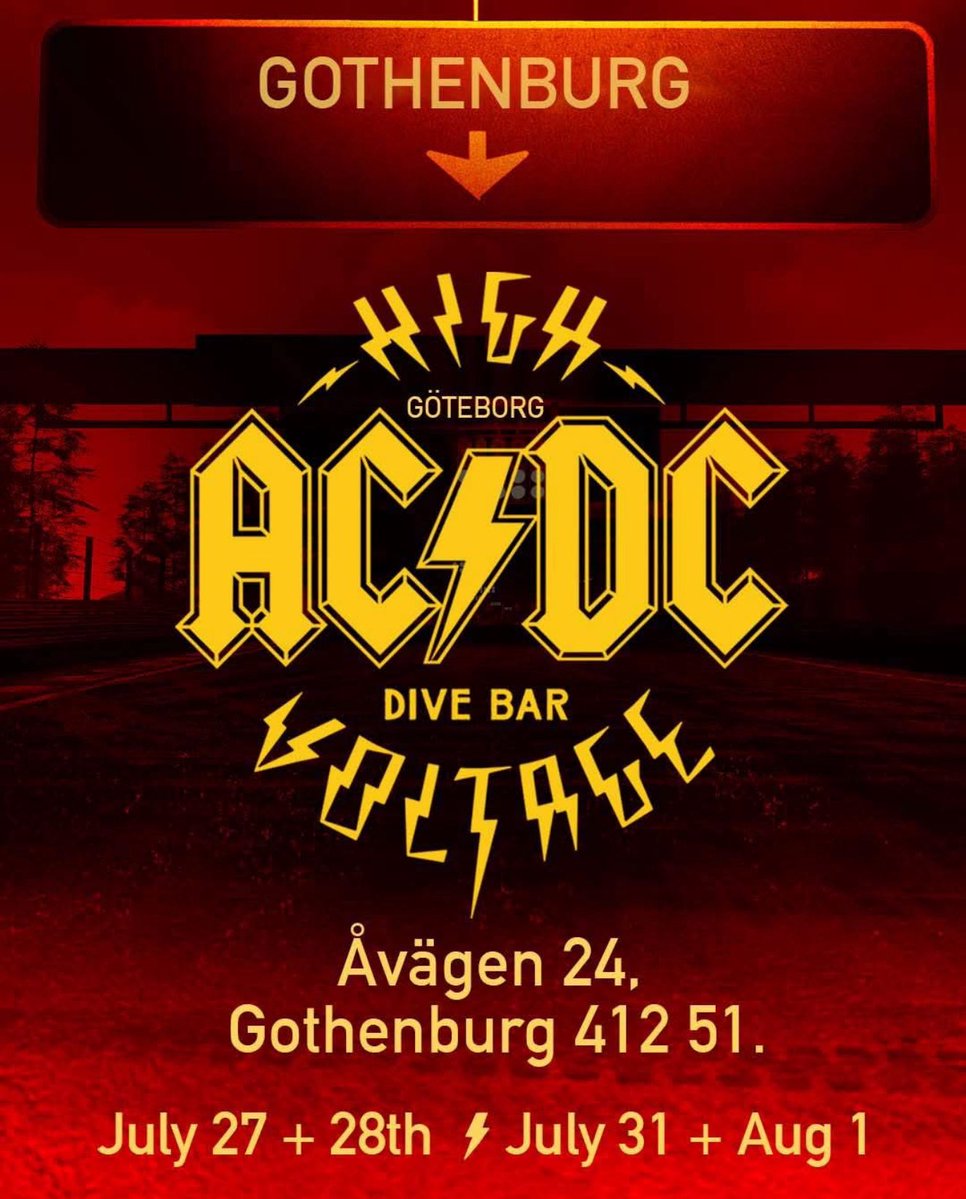 acdc's tweet image. Join fellow fans at the AC/DC High Voltage Dive Bar Gothenburg.
At SURR Arena Åvägen 24, Gothenburg 412 51.
Check out iconic props, get exclusive merch and special vinyl releases.
Sun 27 July 14:00 – 22:00, Mon 28 July12:00 – 20:00
& Thu 31 July 14:00 – 22:00 Fri 1…