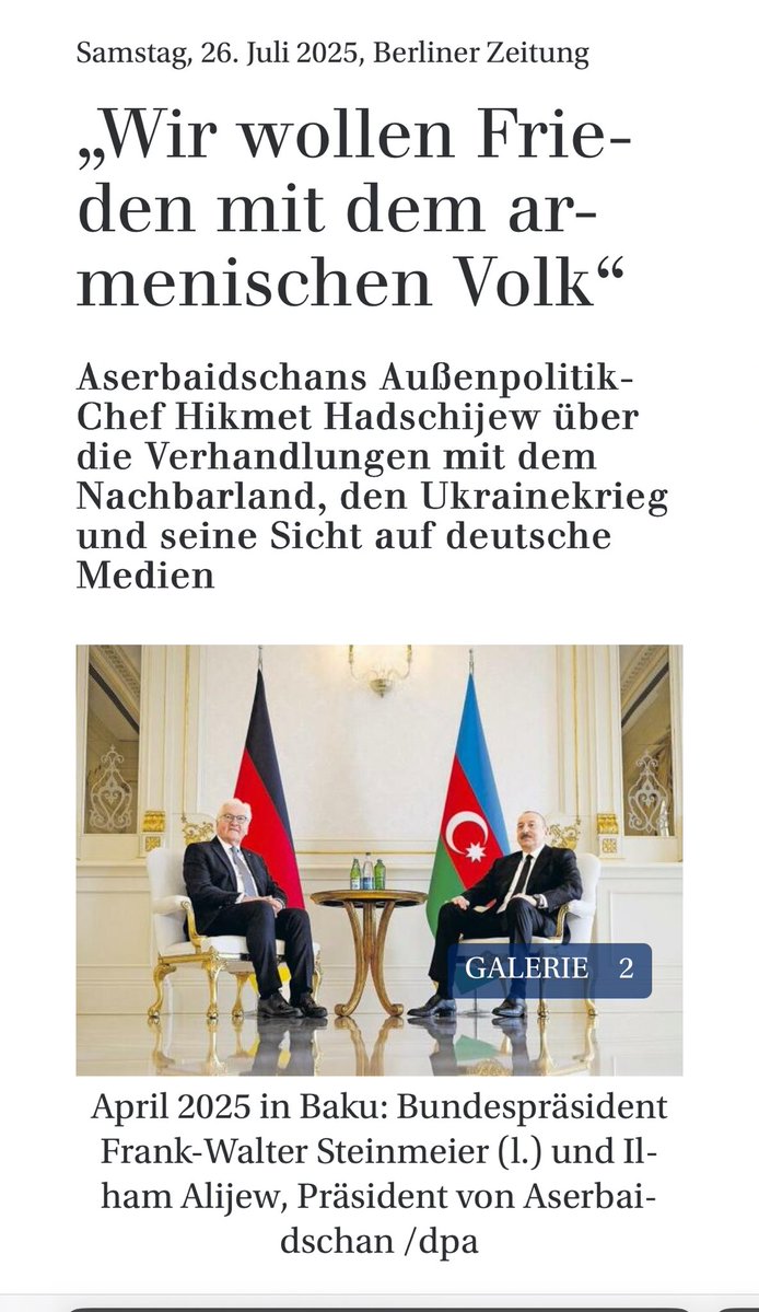 HikmetHajiyev's tweet image. Aserbaidschans Außenpolitik-Chef Hikmet Hadschijew über die Verhandlungen mit dem Nachbarland, den Ukrainekrieg und seine Sicht auf deutsche Medien
epaper.berliner-zeitung.de/article/59d1ac…