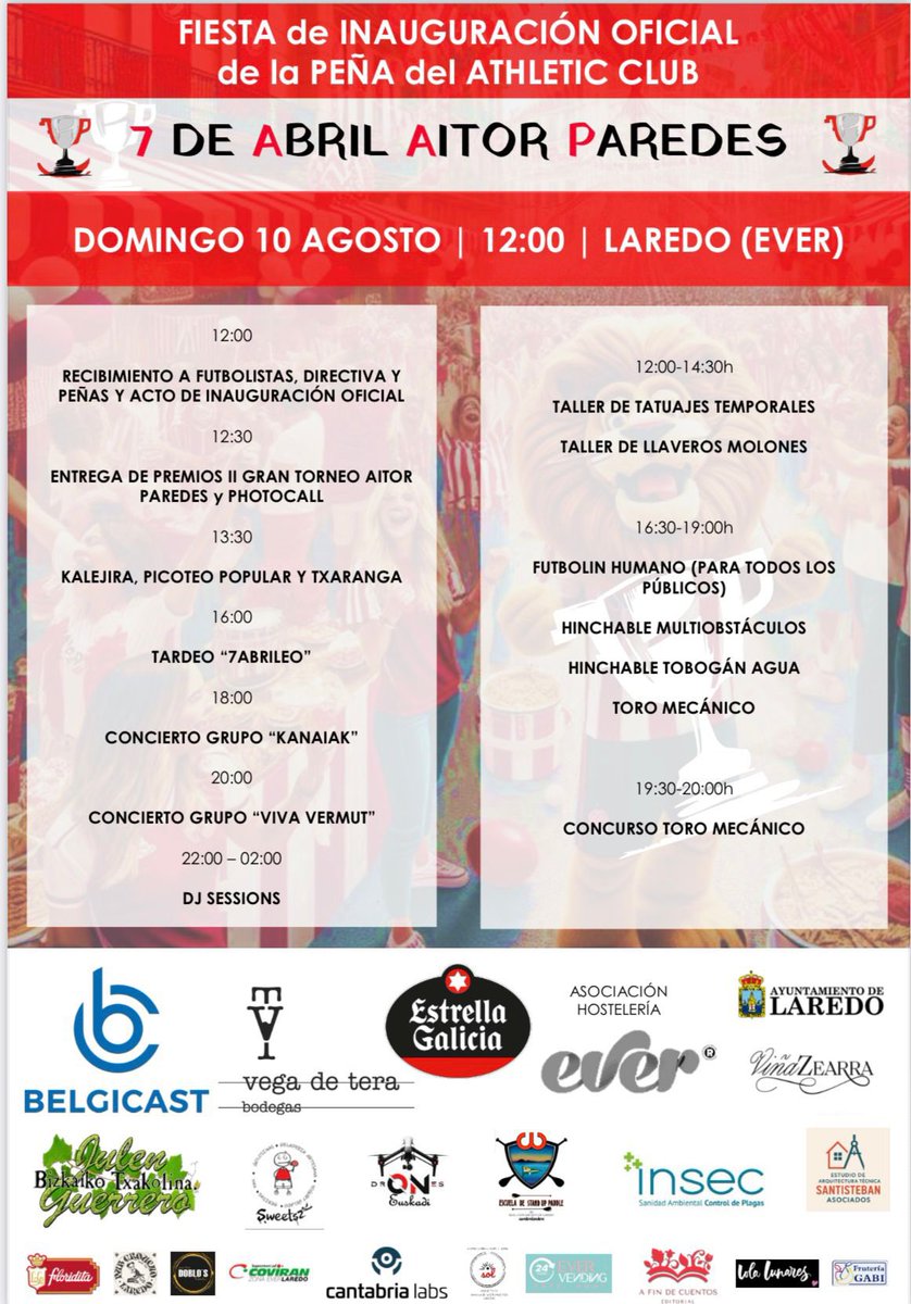 7deabrilAP's tweet photo. El domingo 10 de agosto celebraremos la inauguración oficial de la Peña del Athletic en Laredo “7 de abril Aitor Paredes”. Estáis tod@s invitad@s!! Aupa Athletic!! @AthleticClub @aytolaredo @agrupacion_athl https://t.co/GVYNYOEUof