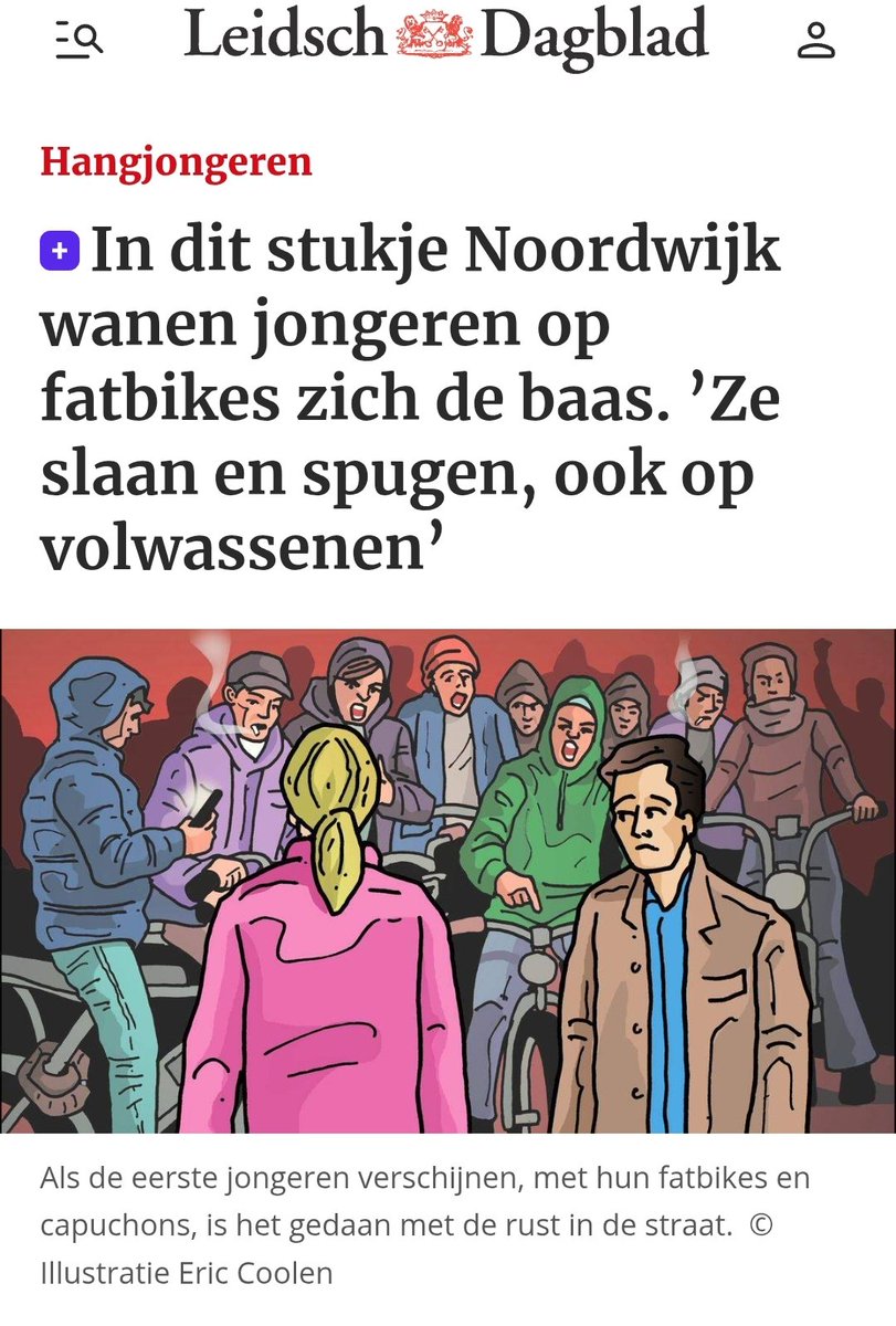 P0eMPieDinges's tweet image. Wat een trieste en onrealistische weergave in de tekening bij het artikel over hangjongeren op een fatbike in Noordwijk. De illustratie beeld de overlastgevers af als blanke Nederlanders, terwijl de realiteit volgens lokale bewoners, TOTAAL anders is.
Het is allochtoon tuig wat…