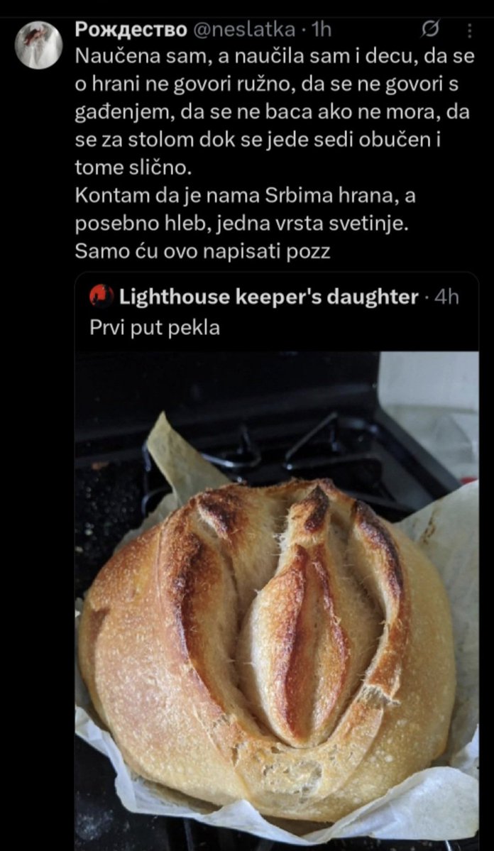 oncewasbest's tweet image. Naravno da me blokirala ova ćiriličarska budala, ko normalan sebi daje nik roždestvo?
Elem, ne mogu da joj napišem da se ovaj hleb zove Bakina čkapi.