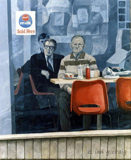 IanGordonCraig's tweet image. #Painting #People #Nottingham. 1980s. Two old mates making a bacon sarnie and a cuppa tea last for ages. I THINK this was on Alfreton Road? If you want to go check, I’ll wait here and hold your coat…