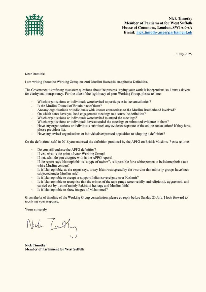The chairman of Labour’s “Islamophobia” working group has replied to me.

I asked reasonable questions. Is he consulting Muslim Brotherhood affiliates? Is observing facts about the rape gangs “Islamophobic”? 

I got no answers, but he says he means well, so it will be fine 1/2.