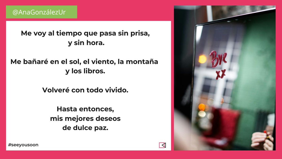 AnaGonzalezUr's tweet image. Llega una prioridad ineludible: descansar.

Como soy muy de focalizarme en lo priorizado, me voy a centrar totalmente en ello. 😉

También soy muy de compartir, así que te deseo disfrute y desconexión.

Nos leemos pronto. ¡Paz hasta entonces!

#másquefrases #seeyousoon #modoOff