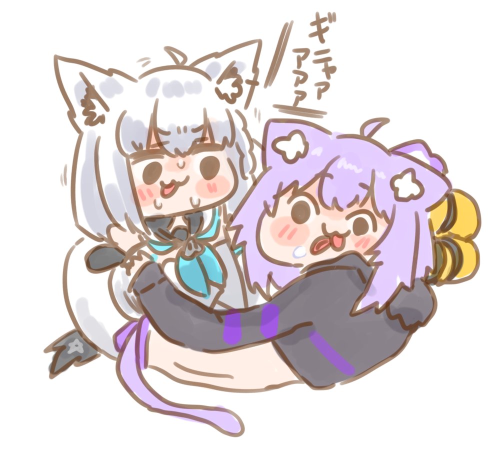 猫又おかゆ ,猫又おかゆ(通常) ,白上フブキ ,白上フブキ(通常) 「にゃんぐこーん仲良しFAです #絵フブキ #絵かゆ #にゃんぐこーん」|ねこやまのイラスト