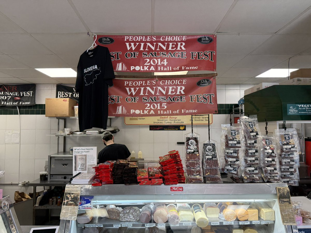 SkrticX's tweet image. Stopped by Raddell&apos;s Sausage Shop on E. 152nd, Cleveland staple since 1927, now run by the 4th generation. Pictured: Timothy Perusek, Chris &amp;amp; Tim Raddell. Asked the best seller (even though I knew): the classic Slovenian kielbasa sandwich still reigns. Had to grab one!