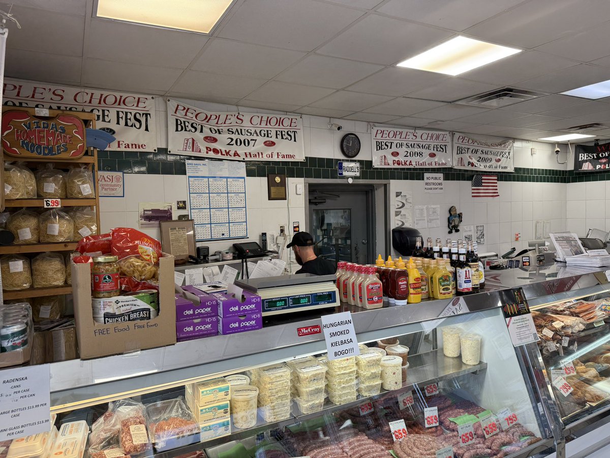 SkrticX's tweet image. Stopped by Raddell&apos;s Sausage Shop on E. 152nd, Cleveland staple since 1927, now run by the 4th generation. Pictured: Timothy Perusek, Chris &amp;amp; Tim Raddell. Asked the best seller (even though I knew): the classic Slovenian kielbasa sandwich still reigns. Had to grab one!
