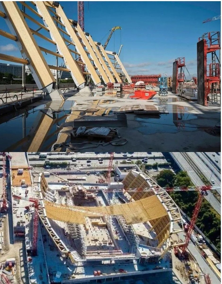 Kunlevski003's tweet image. 2024 Olympic Aquatics Centre
(2024 IStructE Award for the ambitious and efficient structural design of a long-span timber roof)
It is the world's longest tensioned timber structure and is formed from a series of timber centenaries ( a centenary is a curve that approximates the…