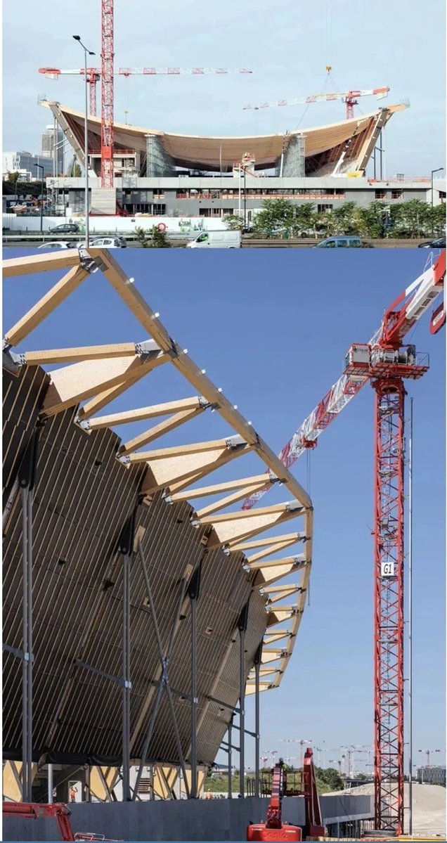 Kunlevski003's tweet image. 2024 Olympic Aquatics Centre
(2024 IStructE Award for the ambitious and efficient structural design of a long-span timber roof)
It is the world's longest tensioned timber structure and is formed from a series of timber centenaries ( a centenary is a curve that approximates the…