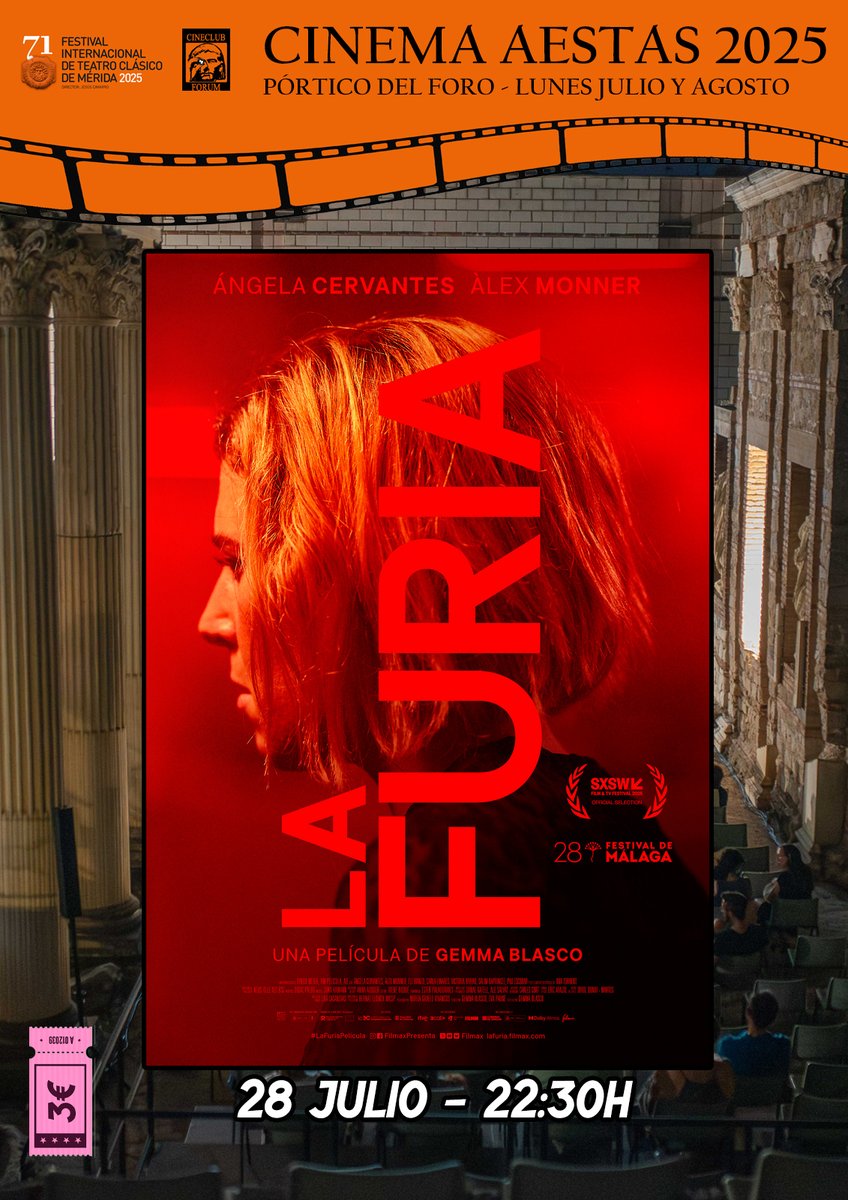 LA FURIA - XIII #CinemaAestas
🏛Pórtico del Foro 📅Lunes 28 Julio
⏰22:30🎟️3€ - VOSE (Catalá)
Una agresión sexual. Sus secuelas físicas y emocionales. Una mujer que solo podrá canalizar su dolor e ira cuando se convierta en Medea. Portentosa Ángela Cervantes. Tenéis que verla 👇🏽