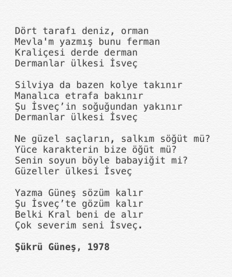 ❝Bir türlü oturum izni alamıyordum. Ben de tuttum İsveç Kralı Gustaf ve Kraliçe Silviya'ya bir şiir yazıp gönderdim. 3 ay sonra iznim geldi.❞ (Şükrü Güneş, 1978, Stockholm Treni) 🌿