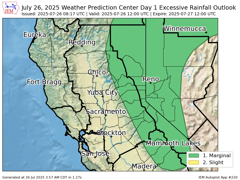 iembot_sto's tweet image. WPC issues Day 1 Marginal Risk Excessive Rainfall Outlook at Jul 26, 8:17z for STO wpc.ncep.noaa.gov/qpf/excessive_…