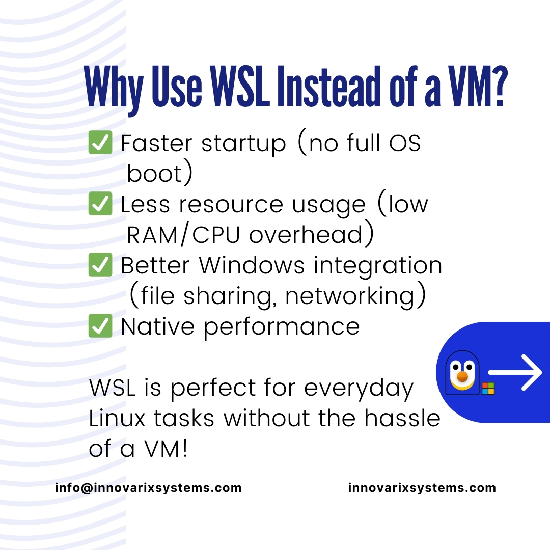 InnovarixSys's tweet image. ✅ Fast boot
✅ Minimal resource usage
✅ Seamless Windows integration
WSL gives you the best of both worlds. No dual-booting. No virtual machines. Just pure productivity.
#WSL #LinuxOnWindows #DevTools #ProductivityHack #InnovarixSystems