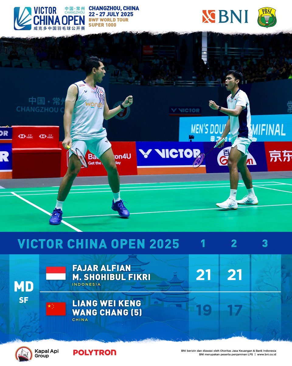 Fajar/Fikri terus menunjukkan penampilan apik dengan menembus laga puncak China Open 2025.

FINAL!!! 🔥🔥🔥🏸🏸🏸🇮🇩🇮🇩🇮🇩

#BadmintonIndonesia #ChinaOpen2025