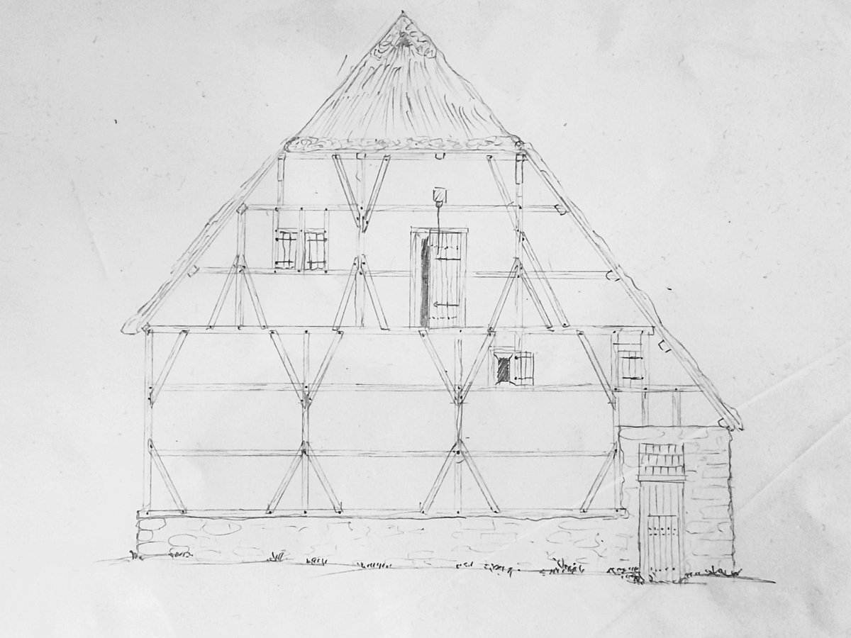 wojczym's tweet image. A sketch of a medieval timber-framed barn (Fachwerk) with a steep thatched roof and a stone foundation.
Inspired by traditional buildings from southern Germany and Alsace.
#architecture #medieval #sketch #Fachwerk #drawing