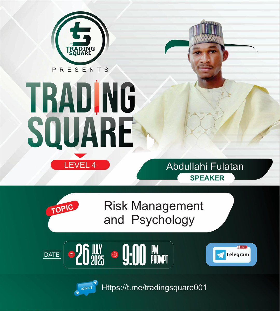 muhd_cash's tweet photo. 🧠 Join us on Level 4 Session on Risk Management & Trading Psychology
📅 26th July 2025
⏰ 9:00 PM
🎙️ With Abdullahi Fulatan
📍 https://t.co/0rS2wsO9nE
Master your mind, manage your risk — don’t miss this session! 🔥
#TradingPsychology #RiskManagement #TradingSquare https://t.co/OTtzbriWpC