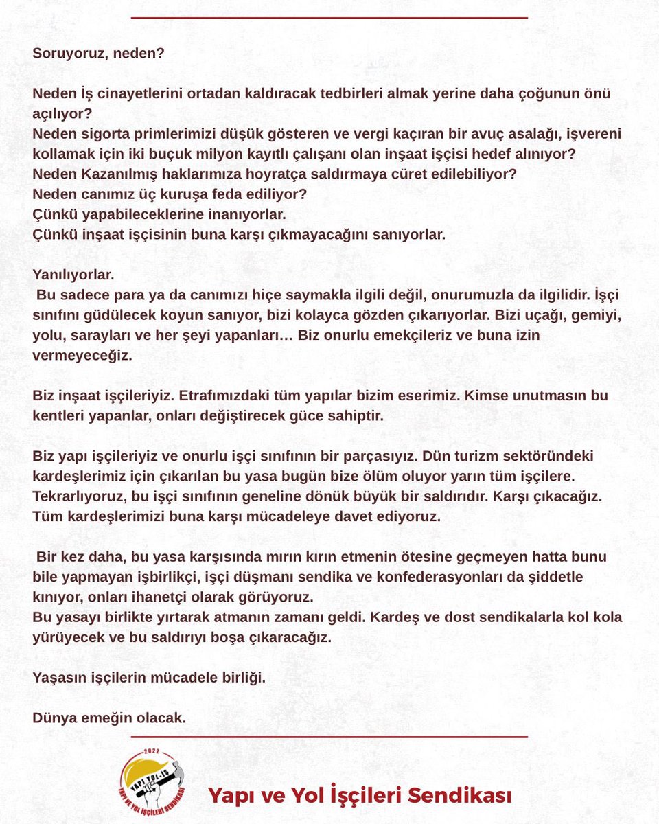 📣 Biz onurlu işçi sınıfının bir bileşeni olan inşaat işçileriyiz

▪️Aşağıdaki bildiriyi  bir görev, bir onur ve bir mücadele gereği yayınlıyor ve de tüm emekçileri ortak mücadeleye çağırıyoruz.